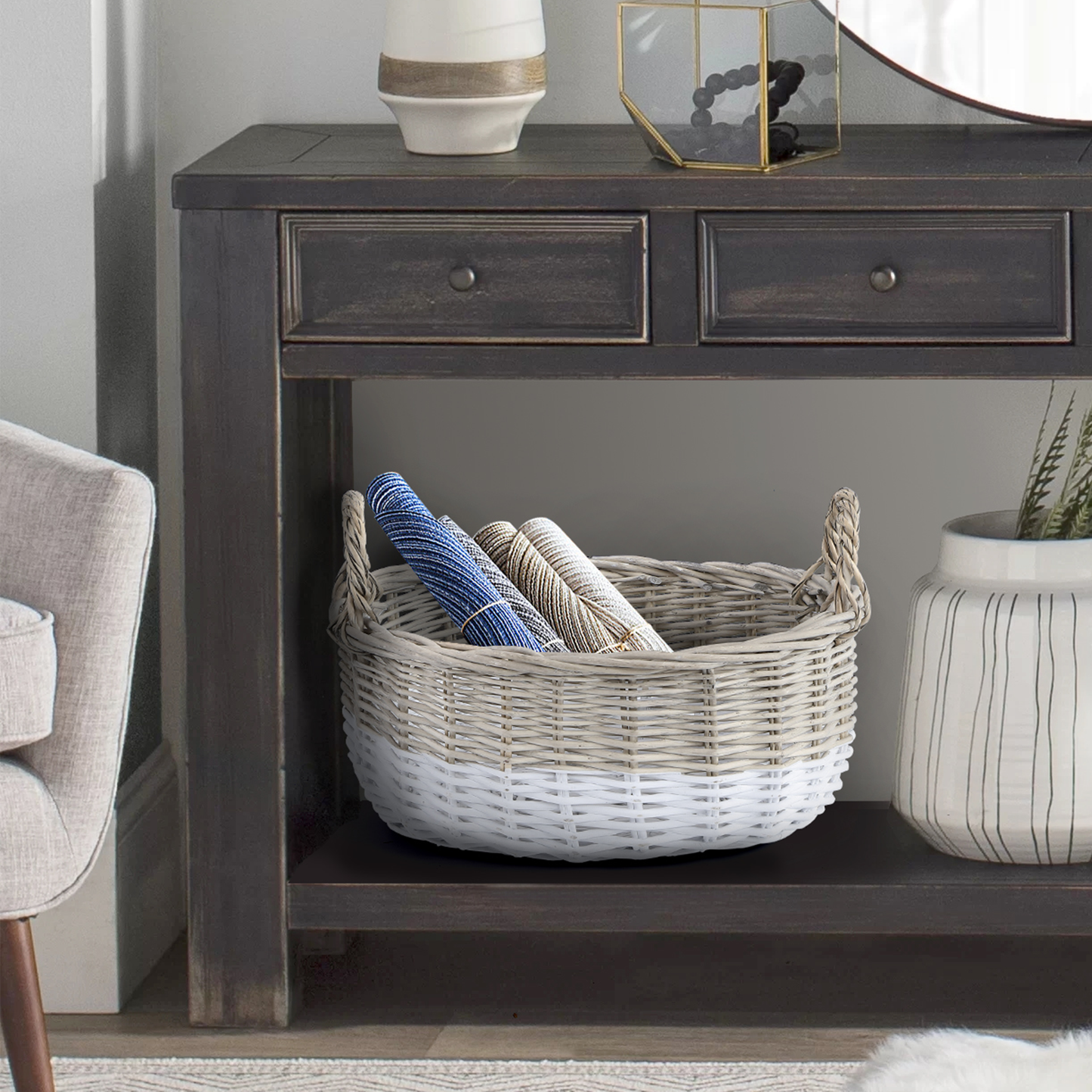 Two-Tone Oval Wicker Storage Basket with Handle