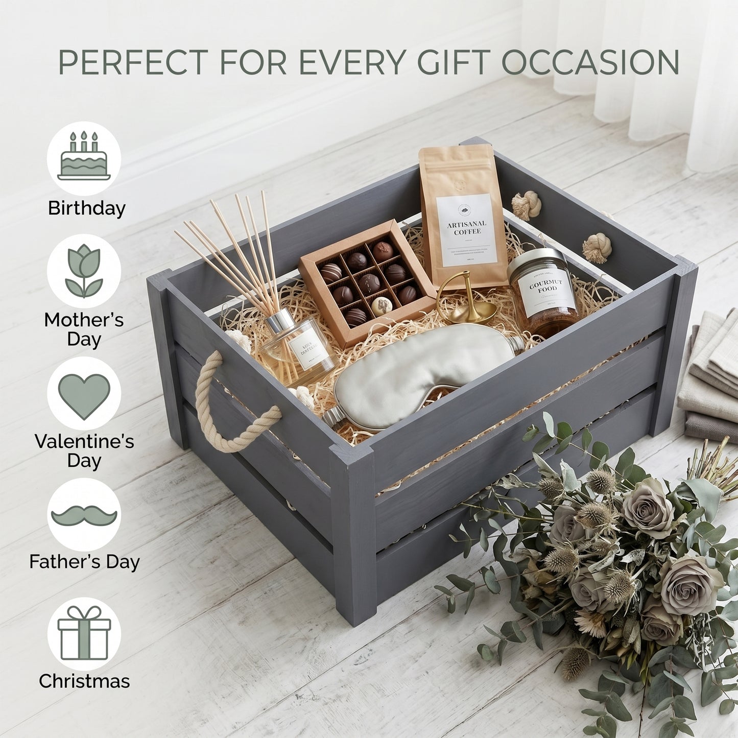 Grey Rope Handled Wooden Storage Crate - 3 Sizes
