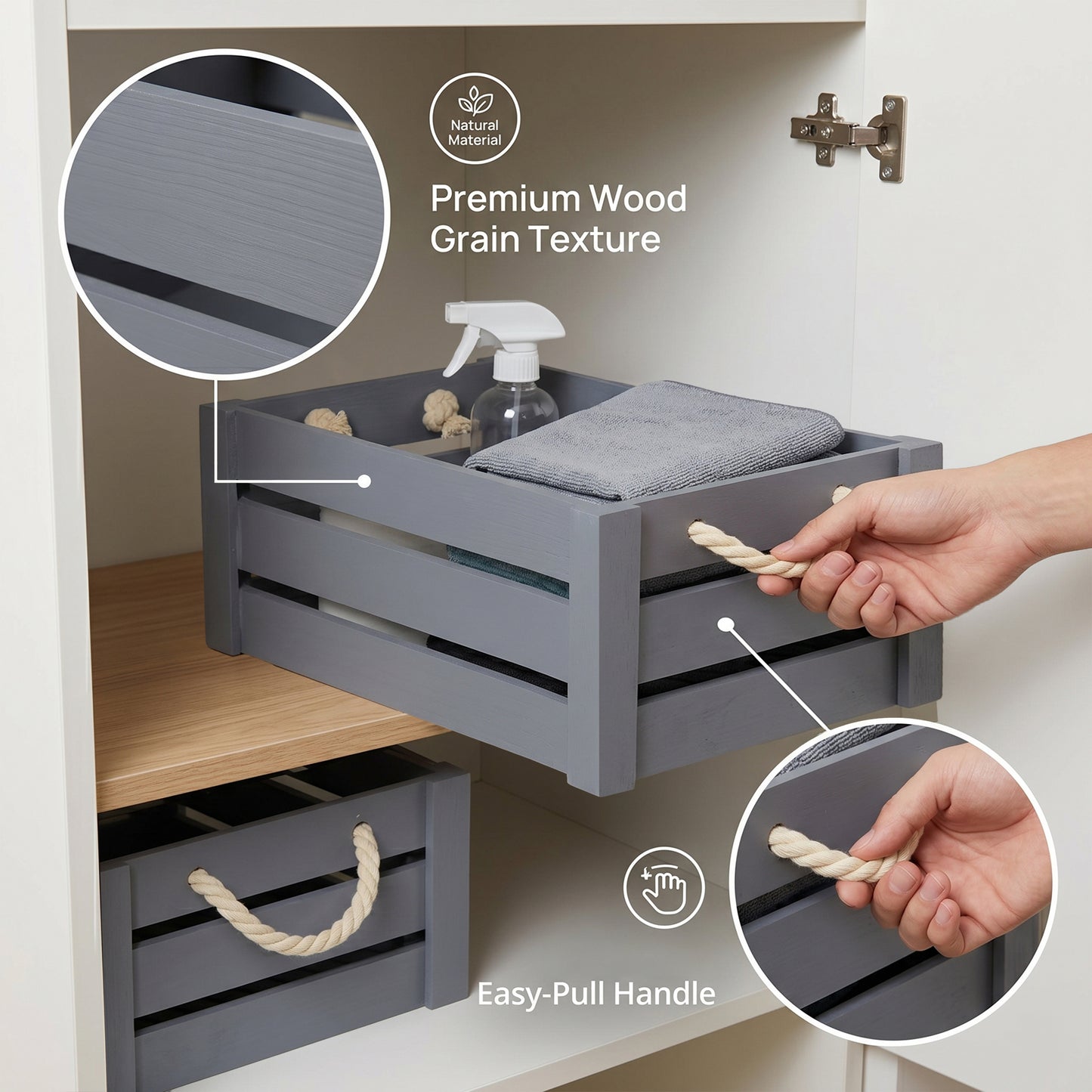 Grey Rope Handled Wooden Storage Crate - 3 Sizes