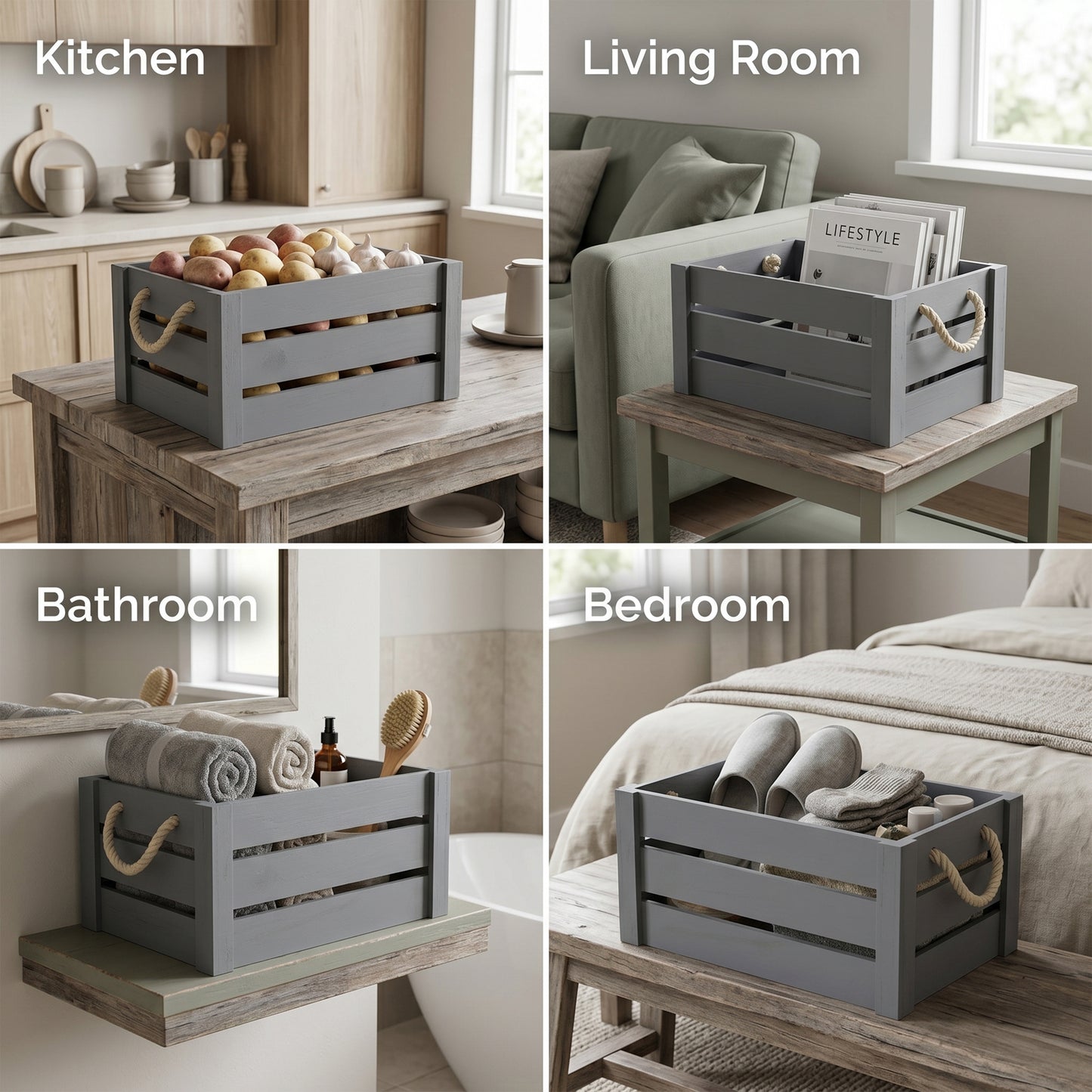 Grey Rope Handled Wooden Storage Crate - 3 Sizes
