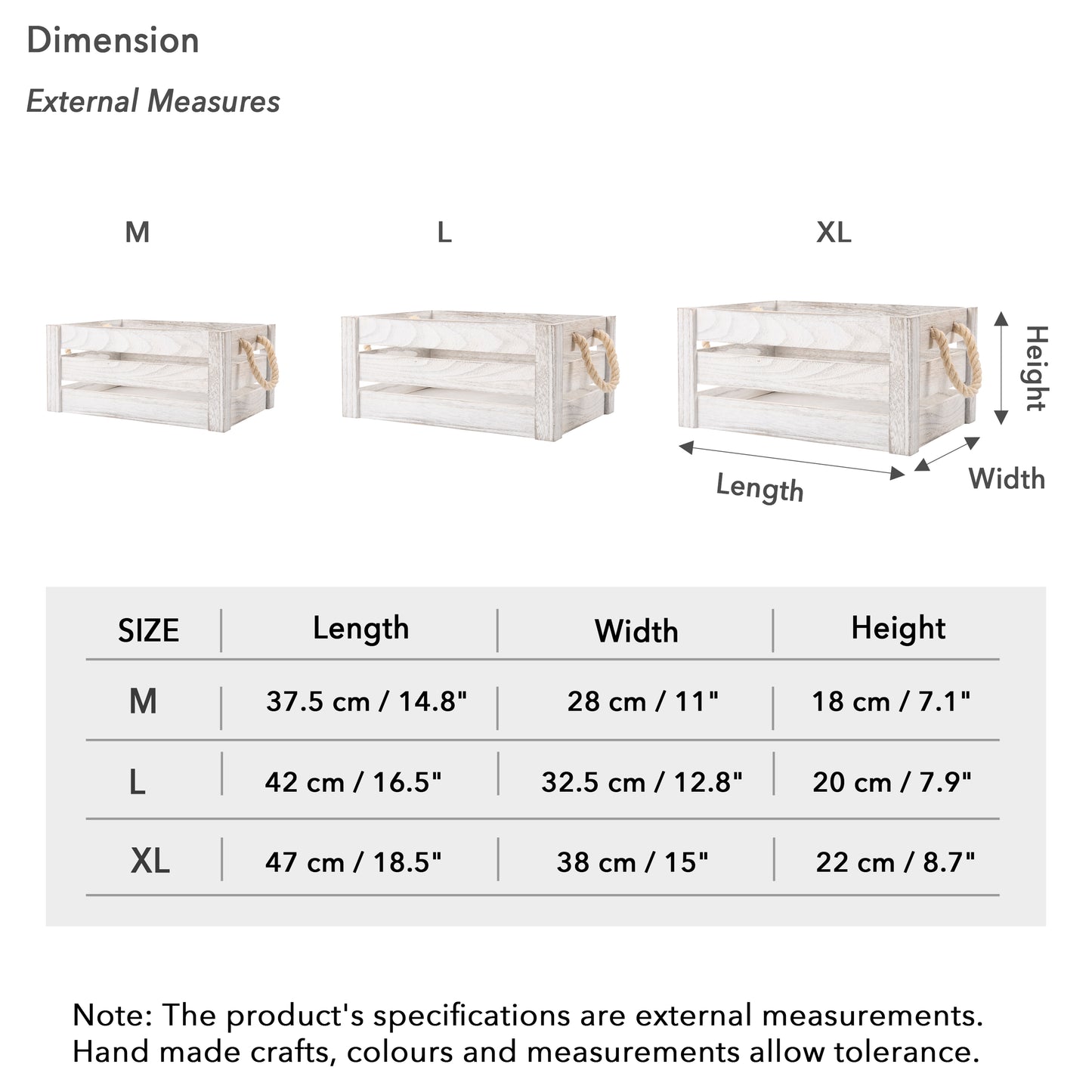 White Wash Rope Handled Wooden Storage Crate - 3 Sizes