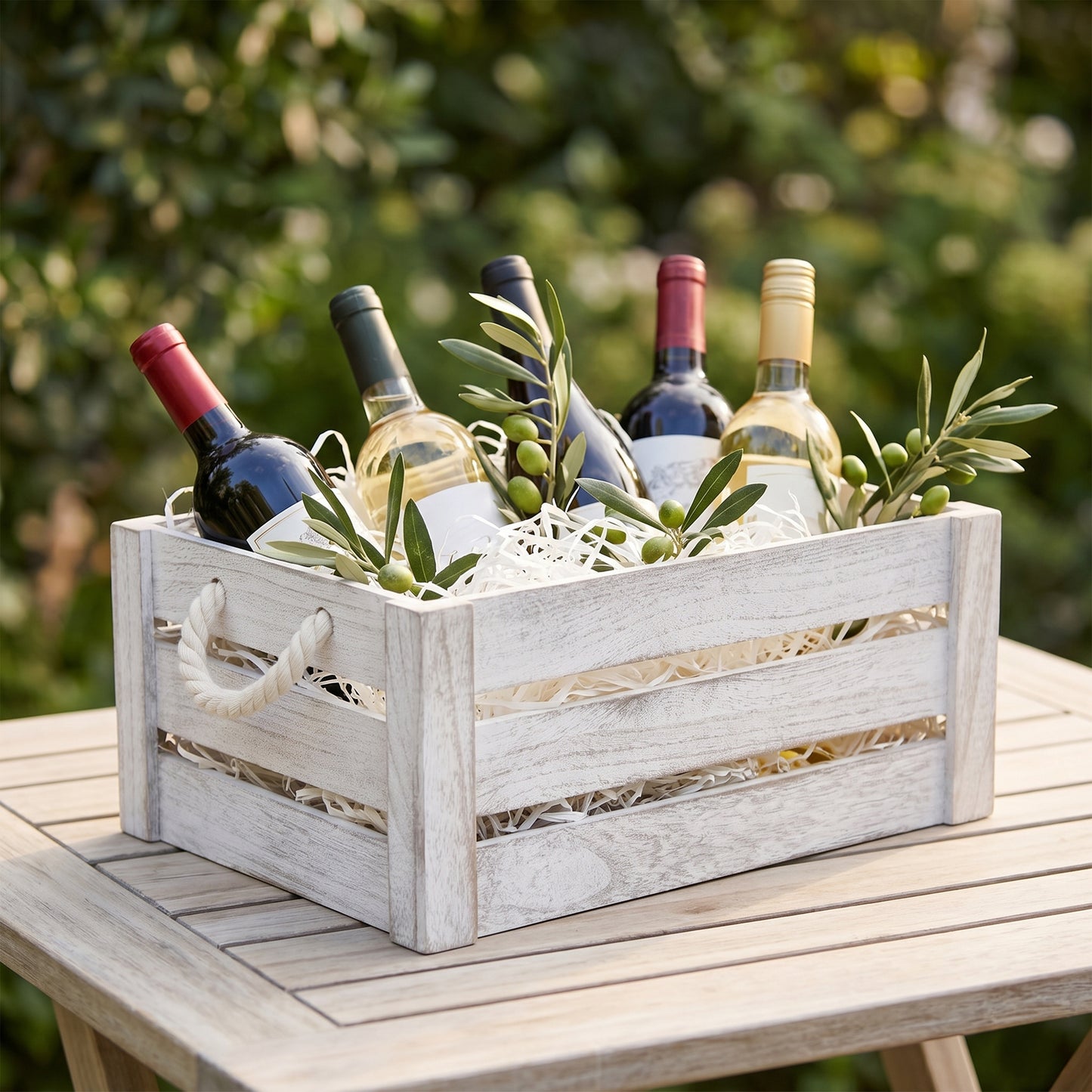 White Wash Rope Handled Wooden Storage Crate - 3 Sizes