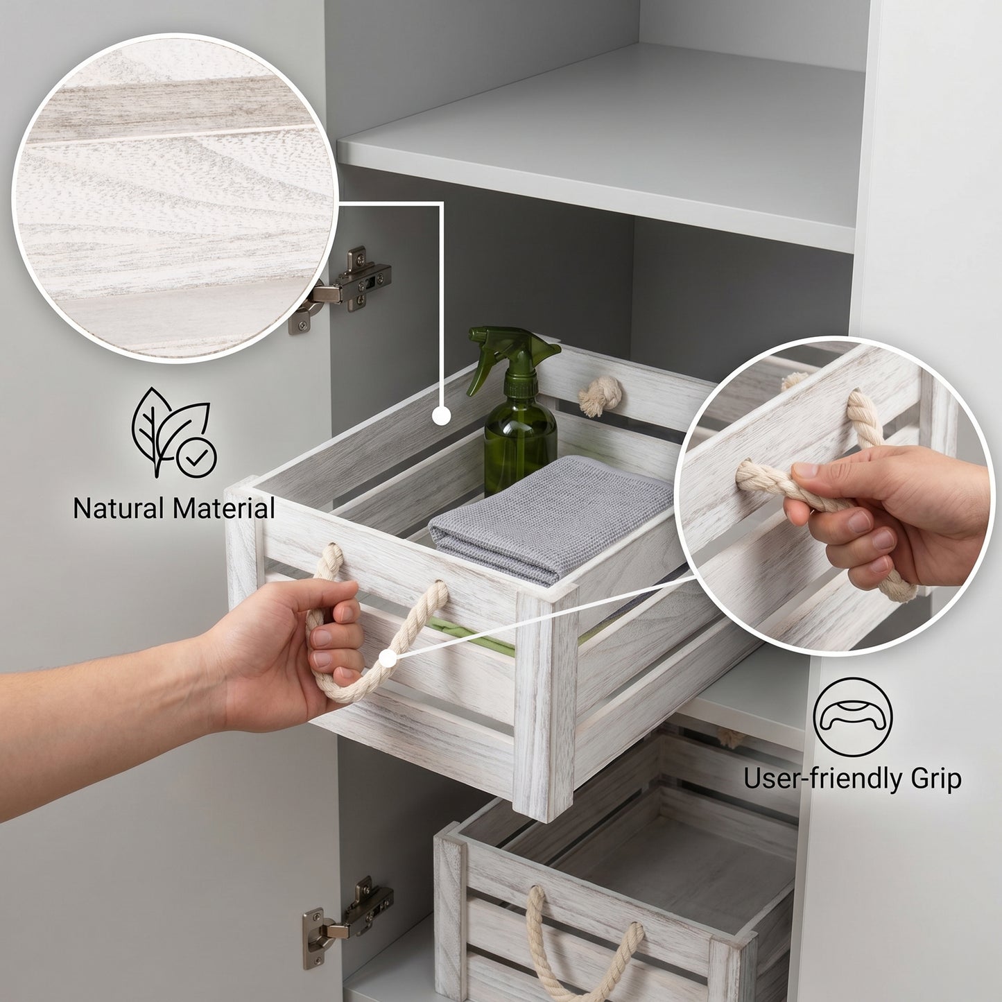 White Wash Rope Handled Wooden Storage Crate - 3 Sizes