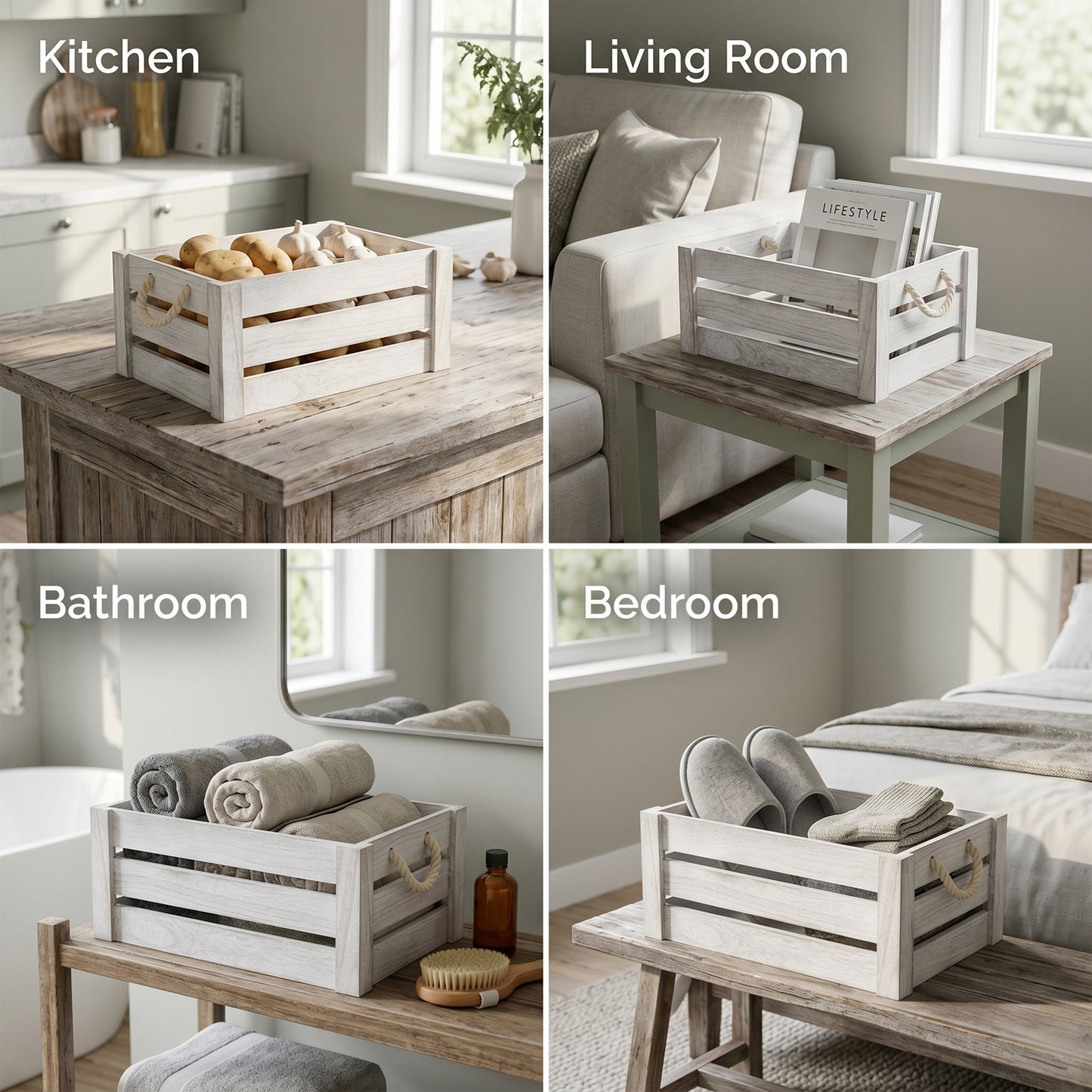 White Wash Rope Handled Wooden Storage Crate - 3 Sizes