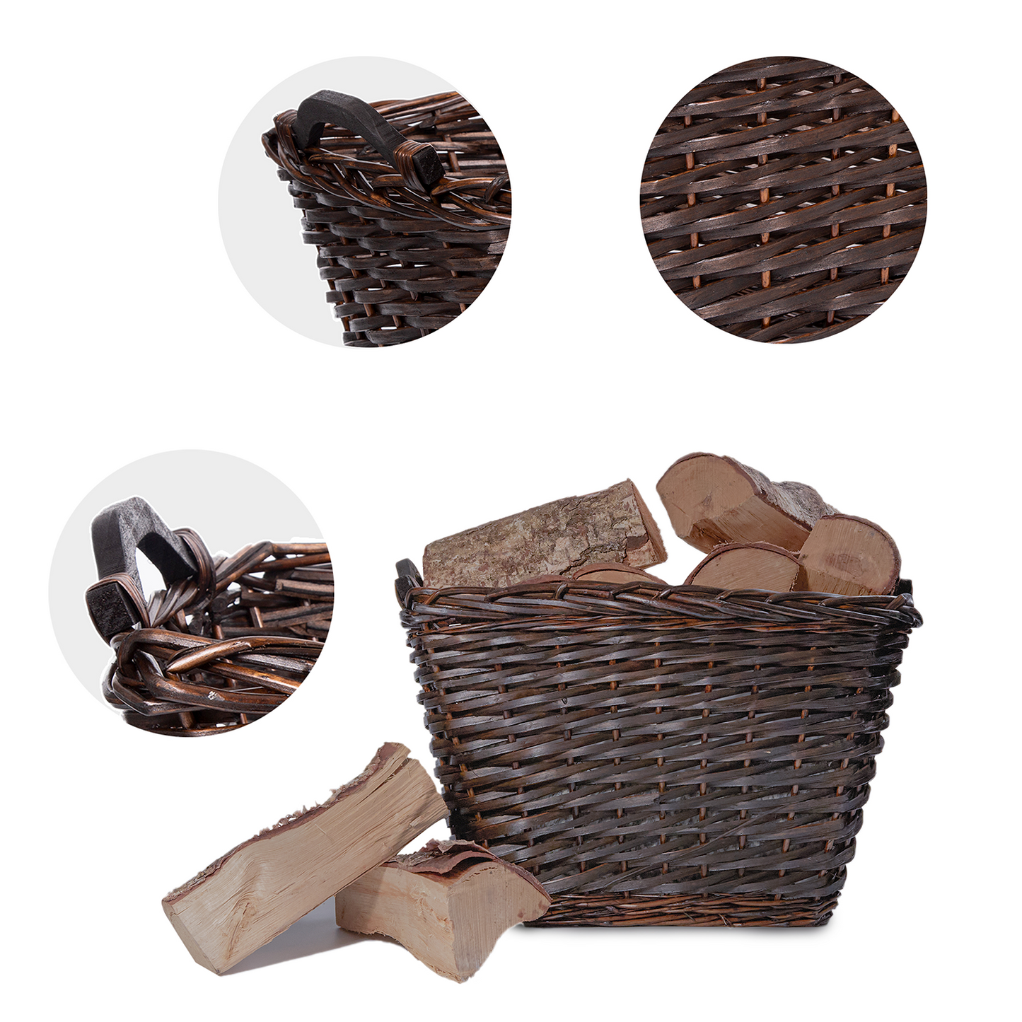 Rectangular Wicker Log Basket with Handle - Grey / Brown
