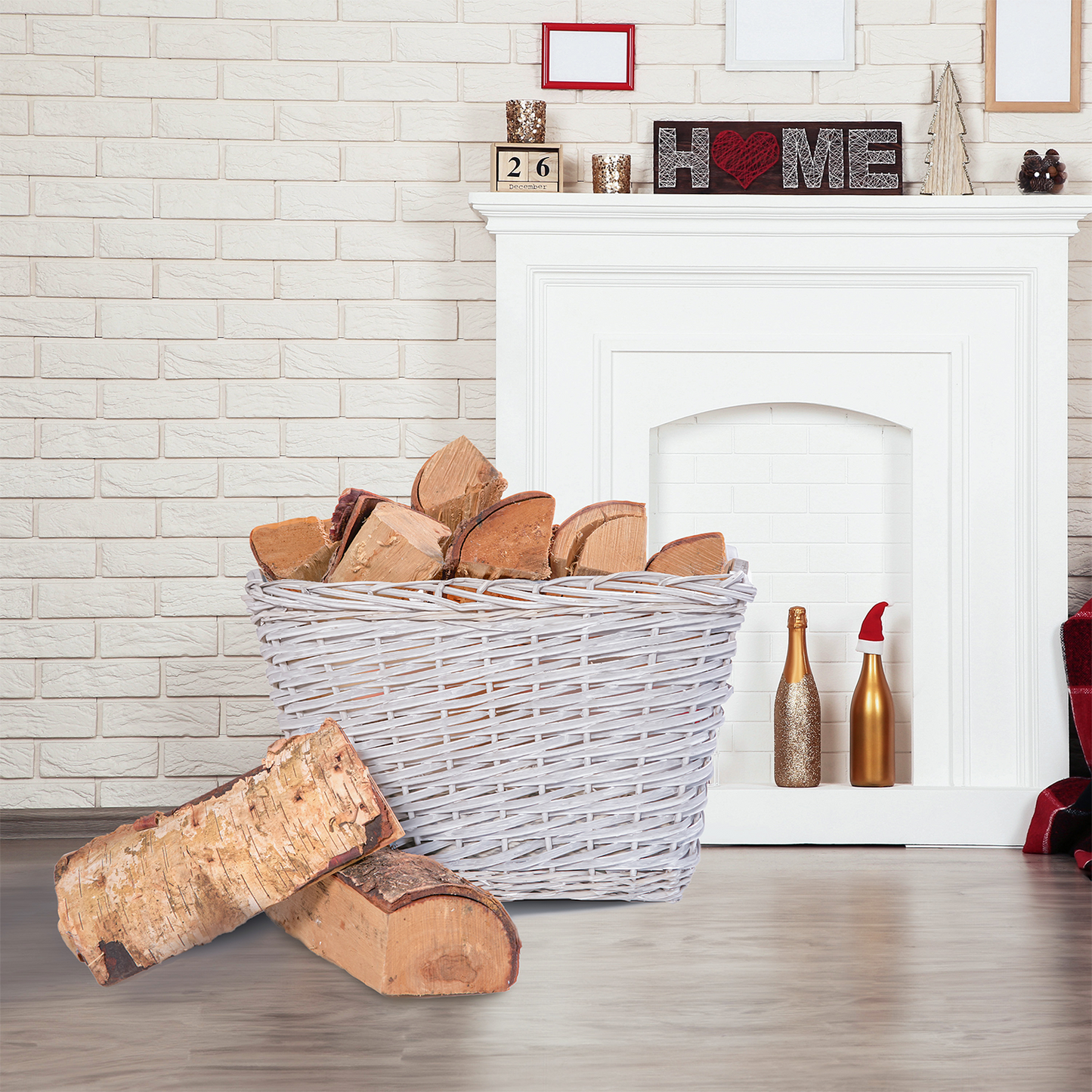 Rectangular Wicker Log Basket with Handle - Grey / Brown