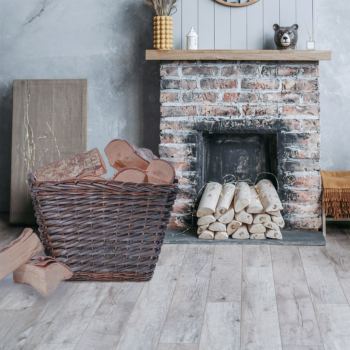 Rectangular Wicker Log Basket with Handle - Grey / Brown