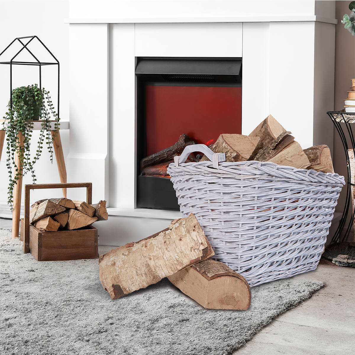 Rectangular Wicker Log Basket with Handle - Grey / Brown