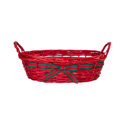 Red Oval Wicker Basket with Ribbon Decoration