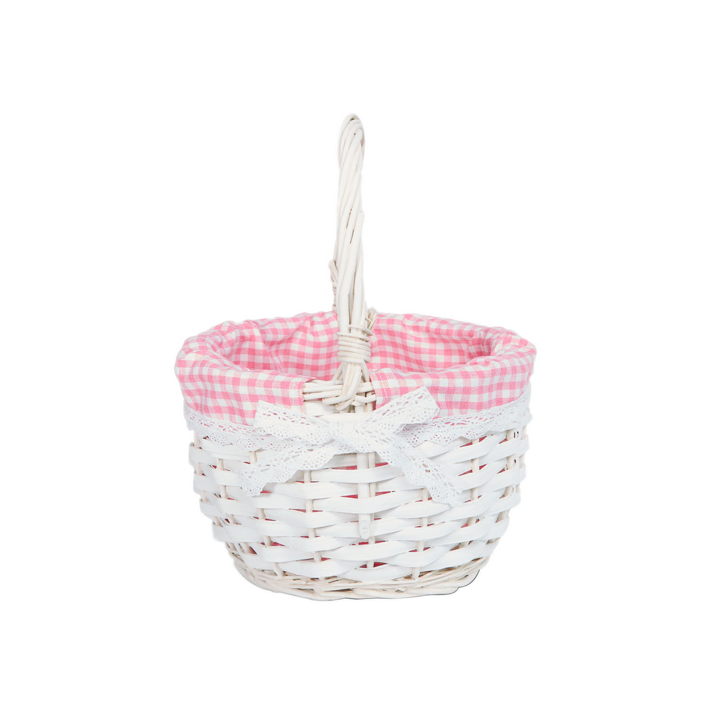 Round Wicker Easter Basket with Pink Checked Lining