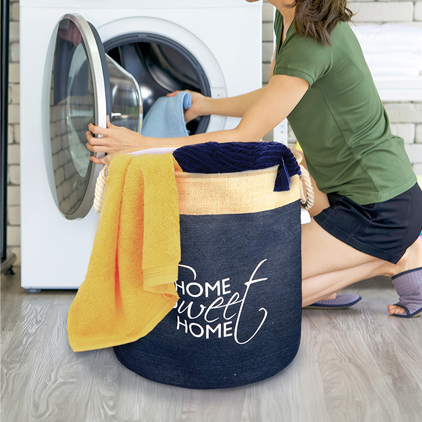 Round Rope Handled Canvas Laundry Basket with Lining