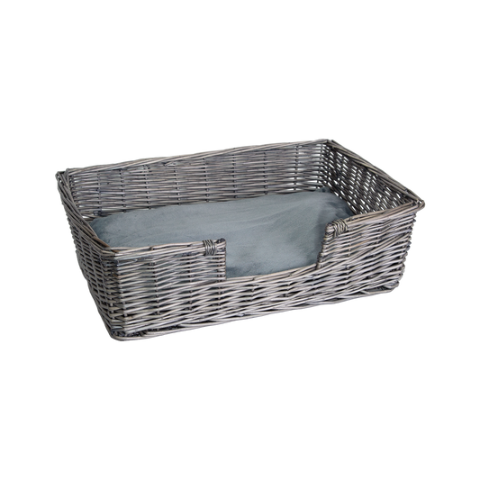 Antique Wash Rectangular Low Entry Wicker Dog Bed with Cushion - 2 Sizes