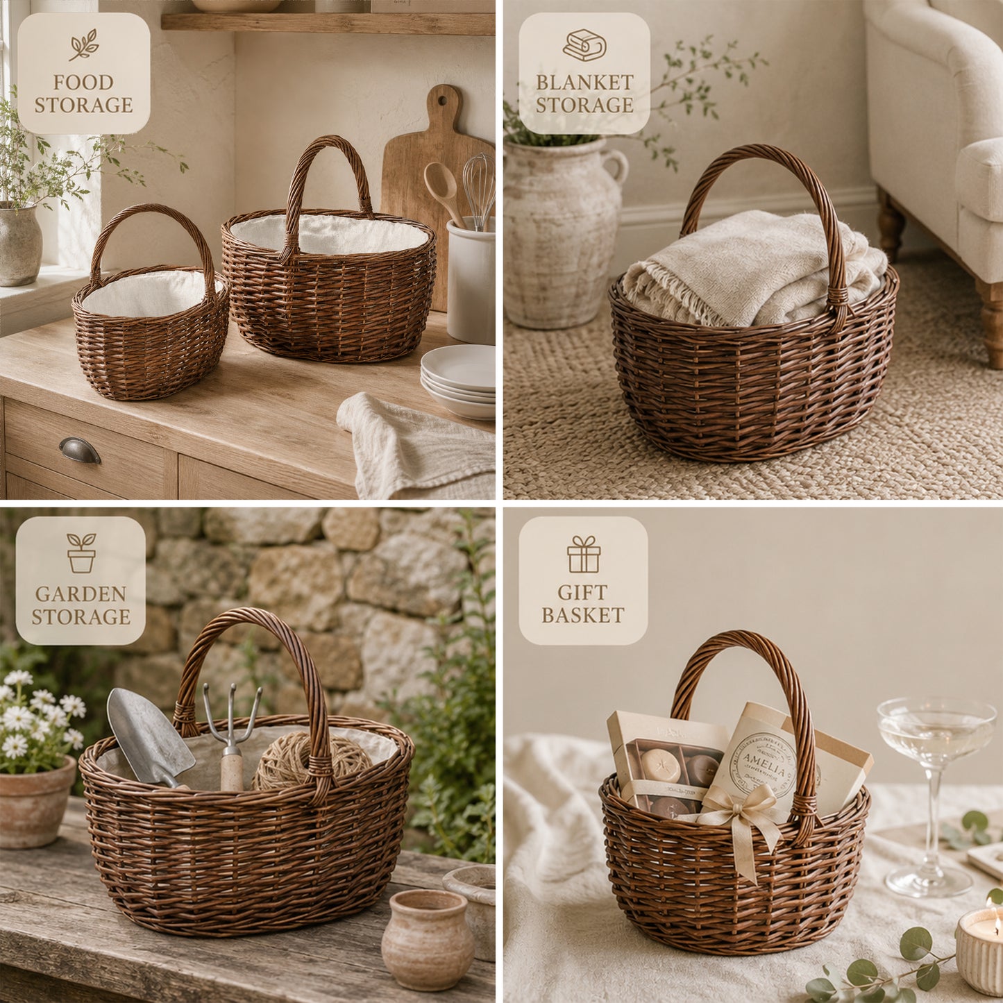 Brown Oval Wicker Picnic Shopper Basket - 2 Sizes
