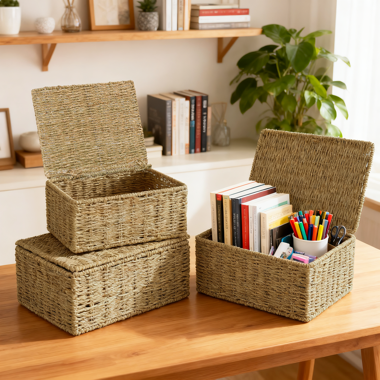 Seagrass Rectangular Lidded Storage Hamper Basket - 3 Sizes