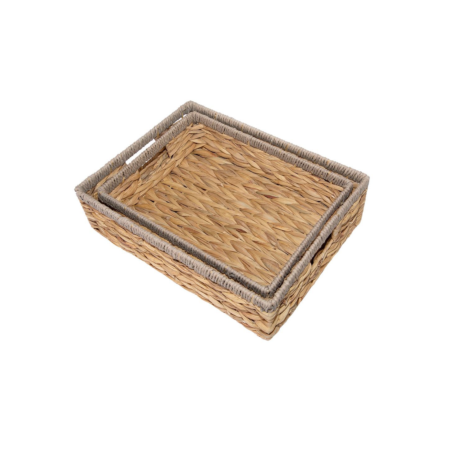 Shallow Water Hyacinth Storage Baskets with Grey Rope Border - 3 Sizes
