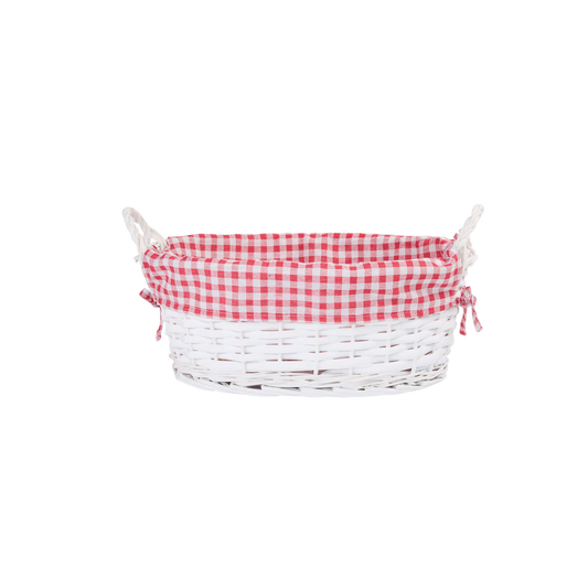 White Oval Wicker Basket with Checked Lining
