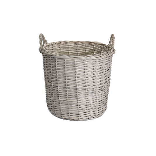 Grey Wash Round Wicker Storage Basket with Handle - 3 Sizes