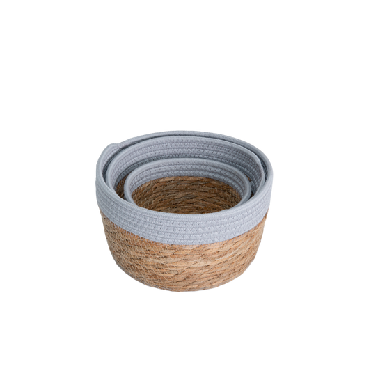 Round Seagrass Storage Baskets with Cotton Rope Border Set 3 - Grey / White