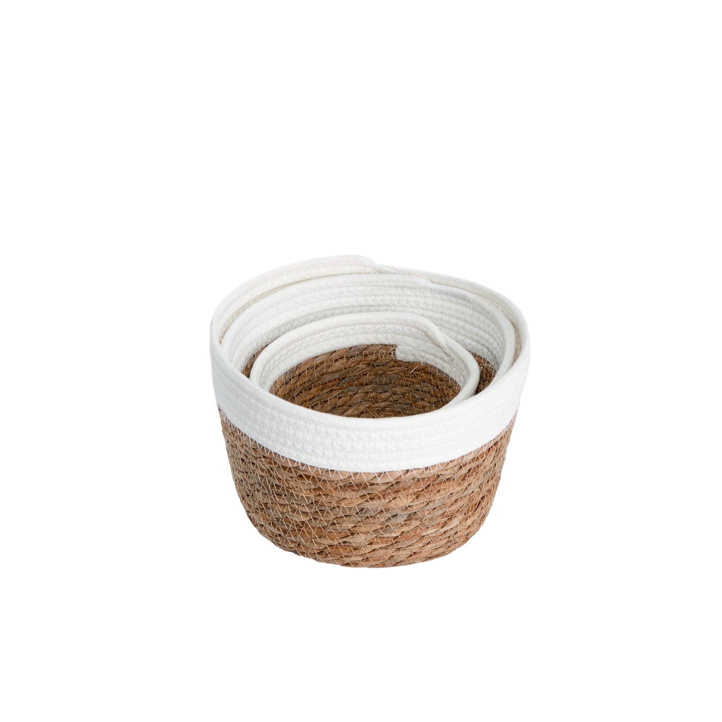 Round Seagrass Storage Baskets with Cotton Rope Border Set 3 - Grey / White