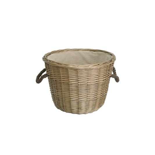 Round Rope Handled Wicker Log Basket - Dark Grey Wash / Antique Wash