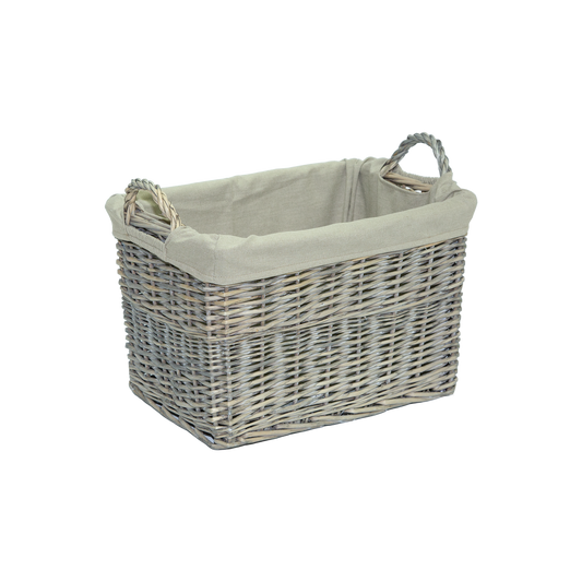 Grey Wash Rectangular Wicker Storage Basket with Lining - 3 Sizes