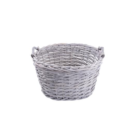 Grey Wash Oval Wicker Log Basket with Handle