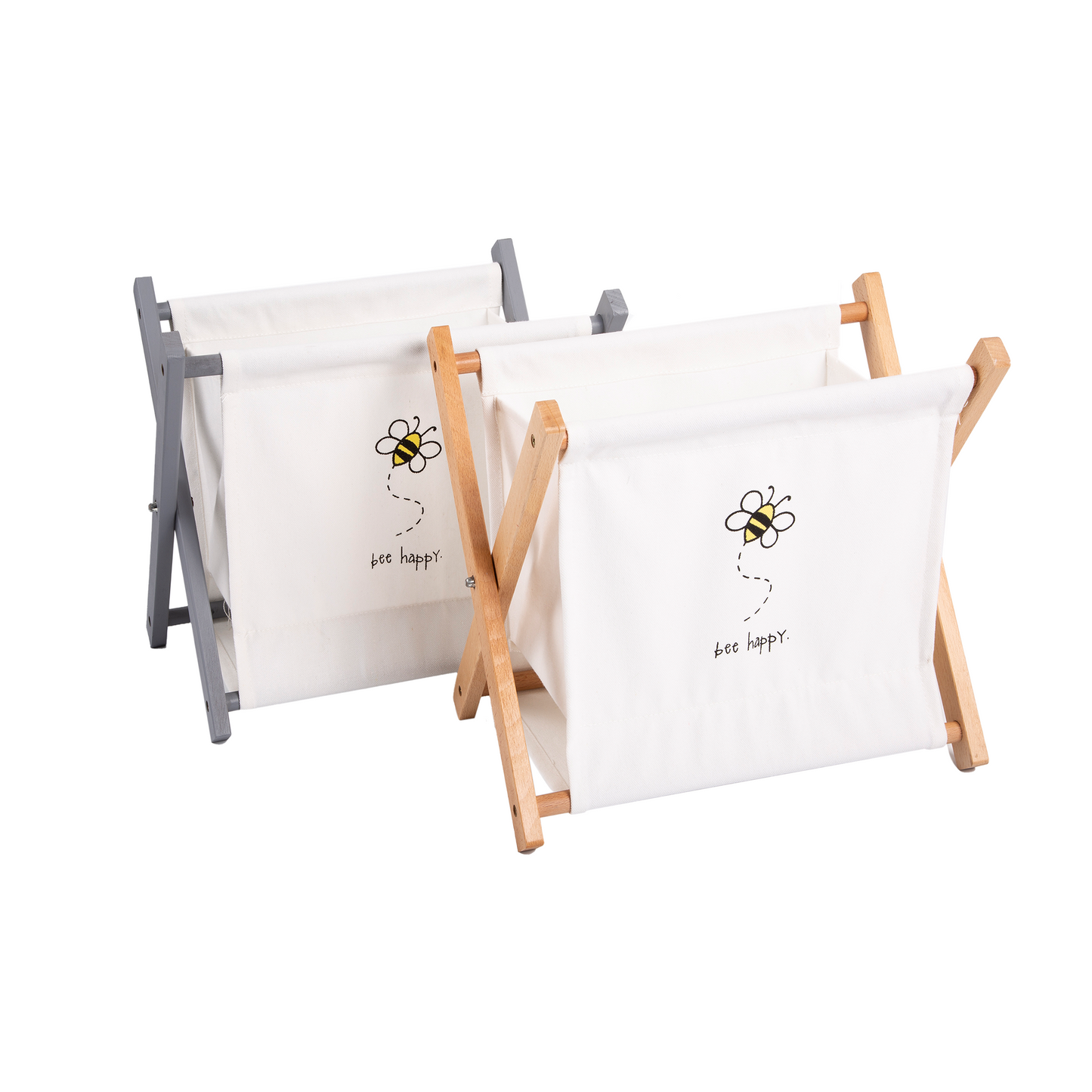 Small Collapsible Bee Pattern Cotton Laundry Bag - Grey / Natural