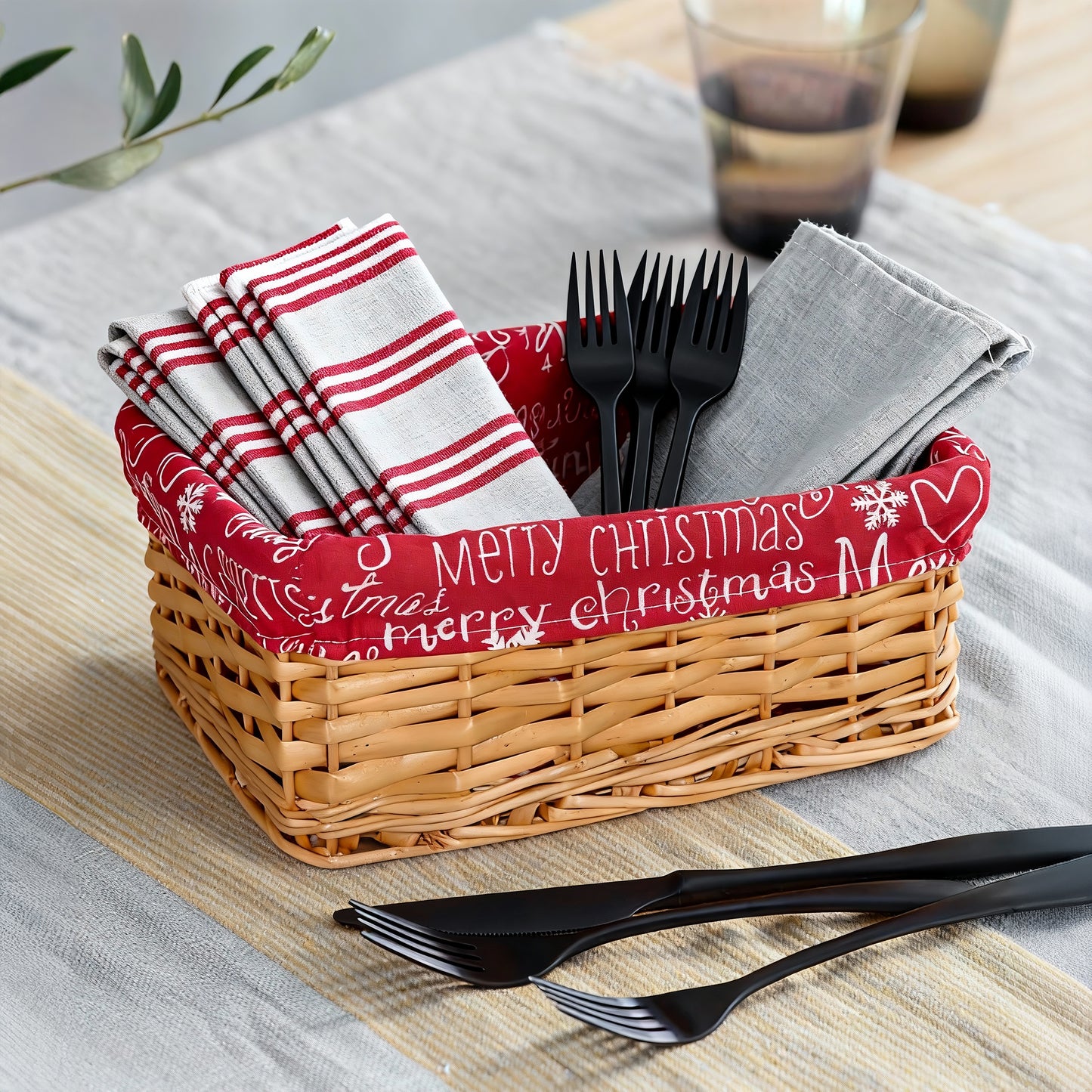 Small Light Steamed Wicker Basket Tray with Christmas Lining