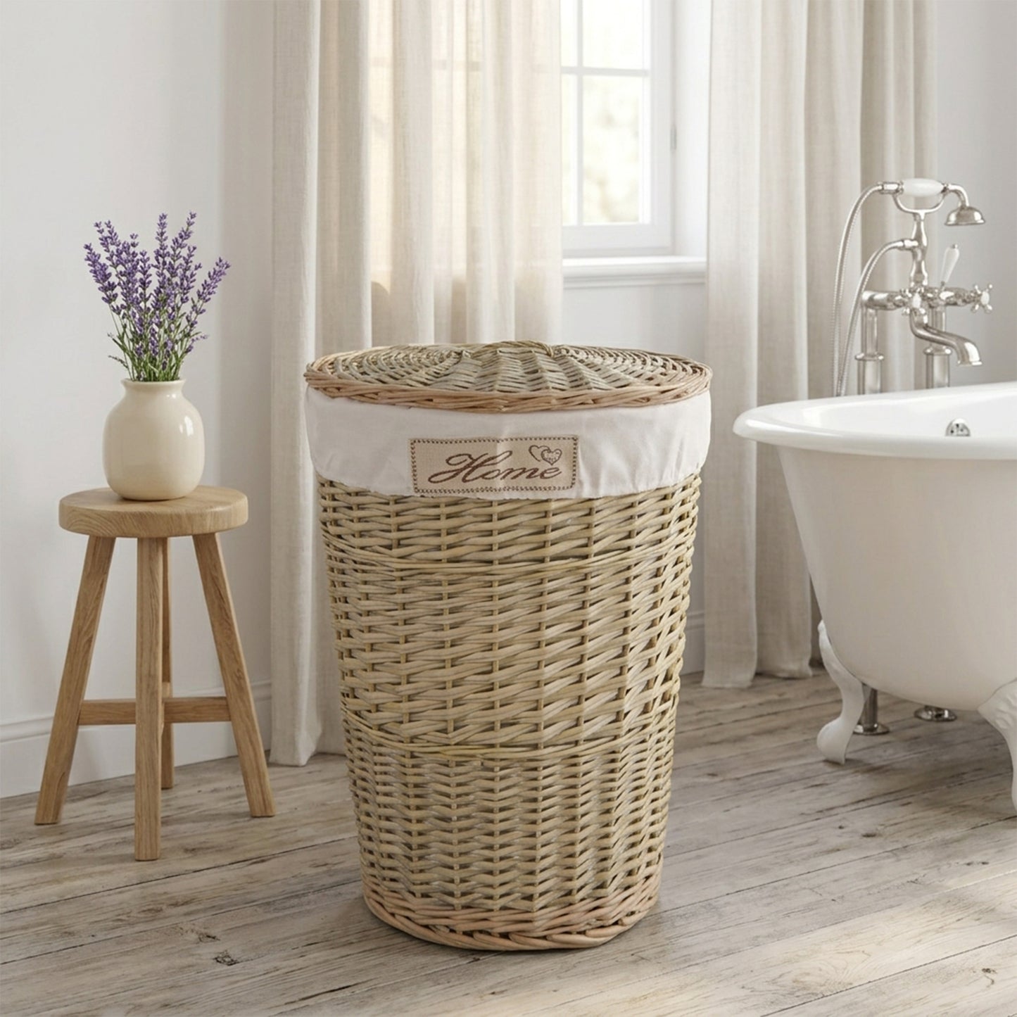 Antique Wash Oval Wicker Laundry Basket with Lining