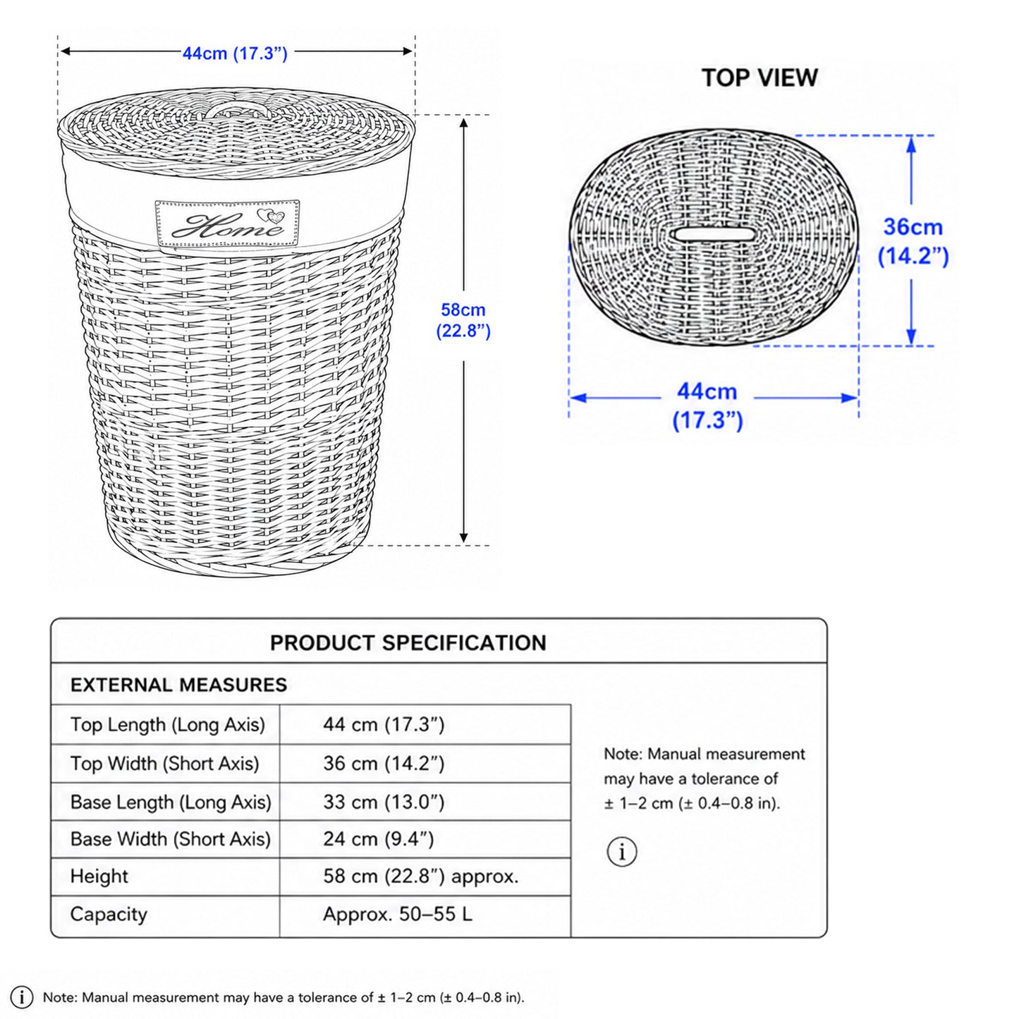 Antique Wash Oval Wicker Laundry Basket with Lining