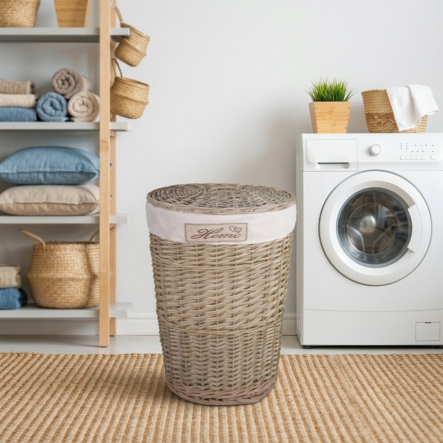 Antique Wash Oval Wicker Laundry Basket with Lining