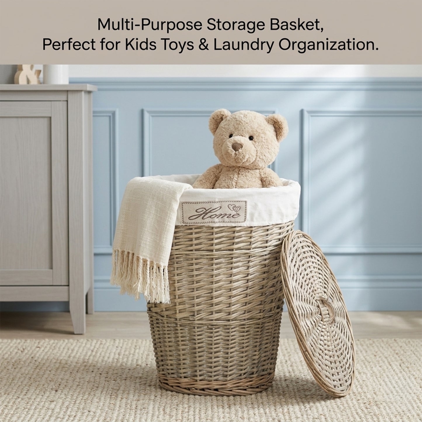 Antique Wash Oval Wicker Laundry Basket with Lining