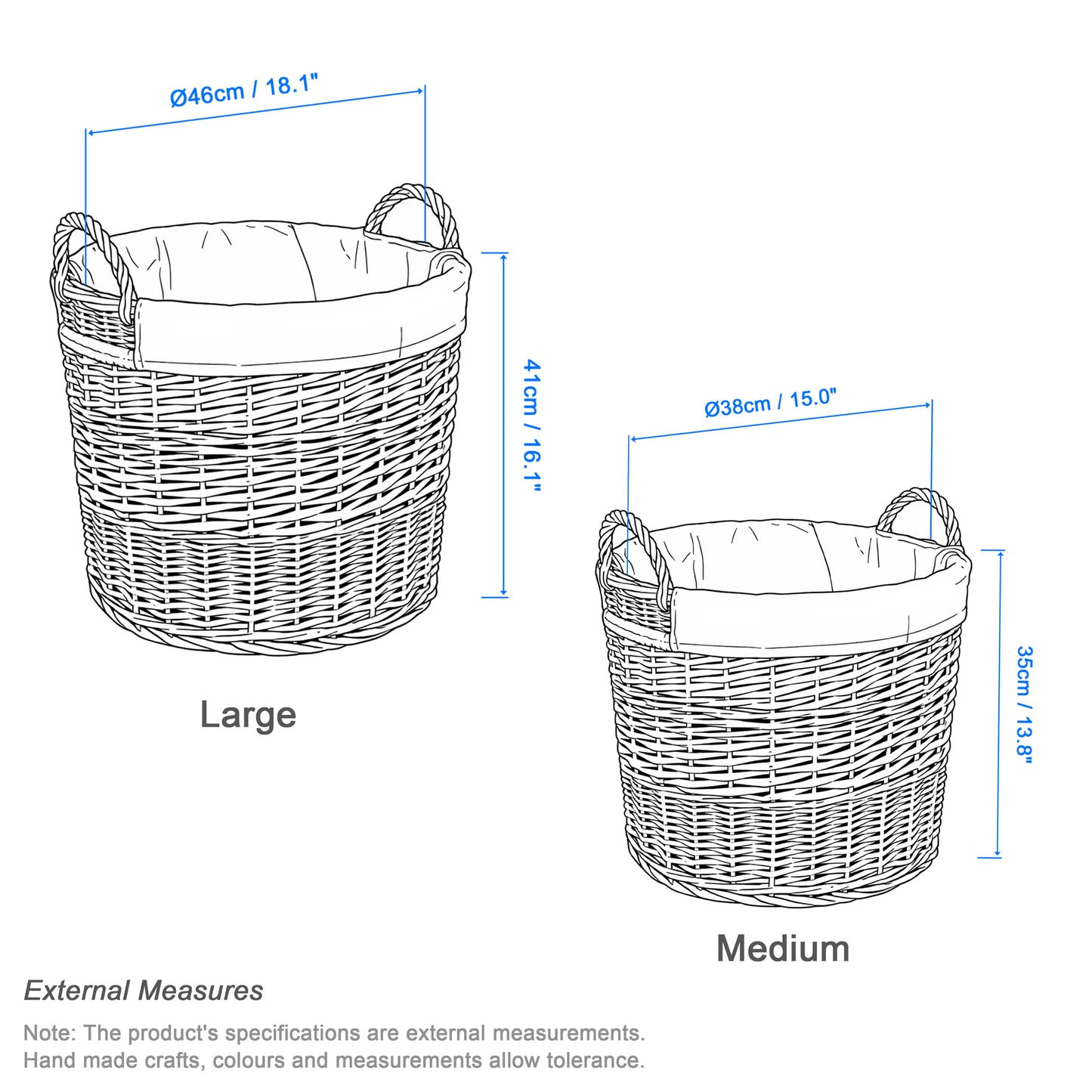 Grey Wash Round Wicker Laundry Storage Basket with Lining - 2 Sizes