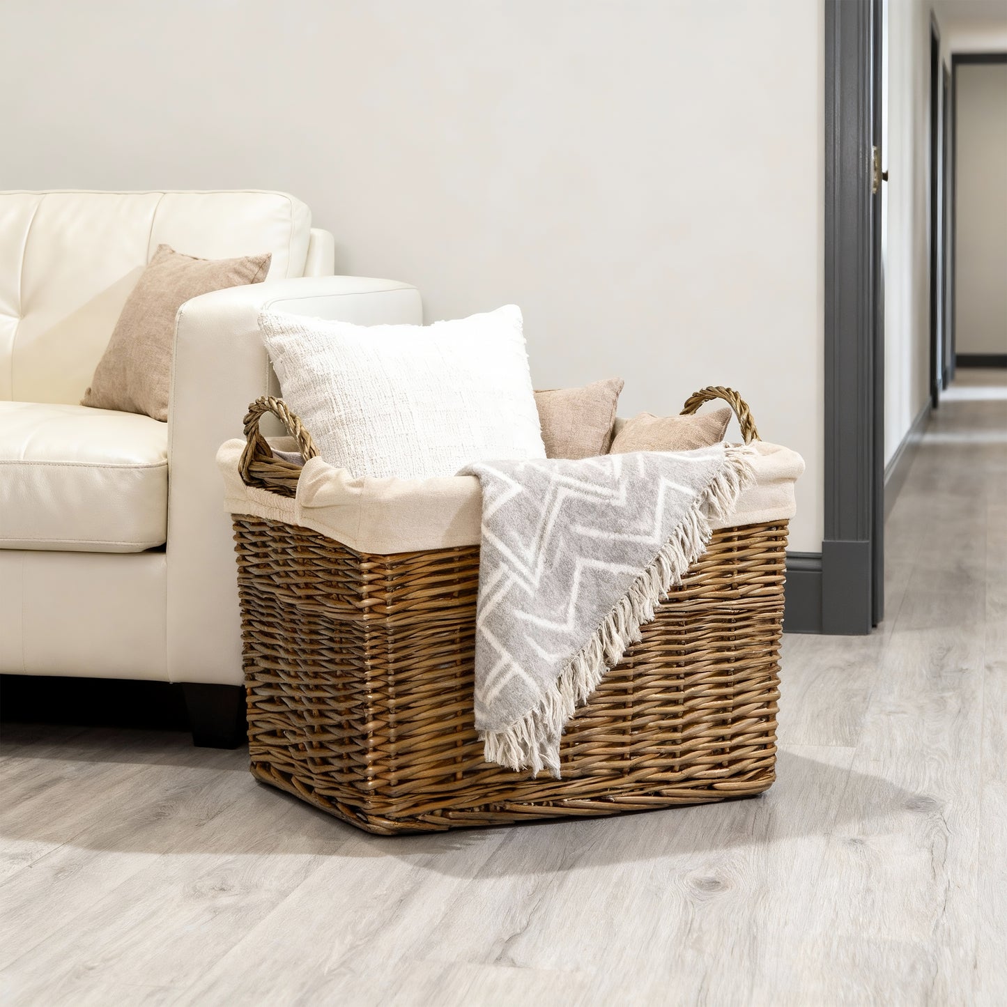 Double Steamed Rectangular Wicker Storage Basket with Lining - 3 Sizes