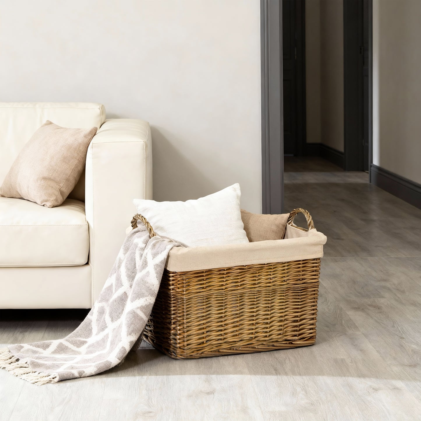 Double Steamed Rectangular Wicker Storage Basket with Lining - 3 Sizes