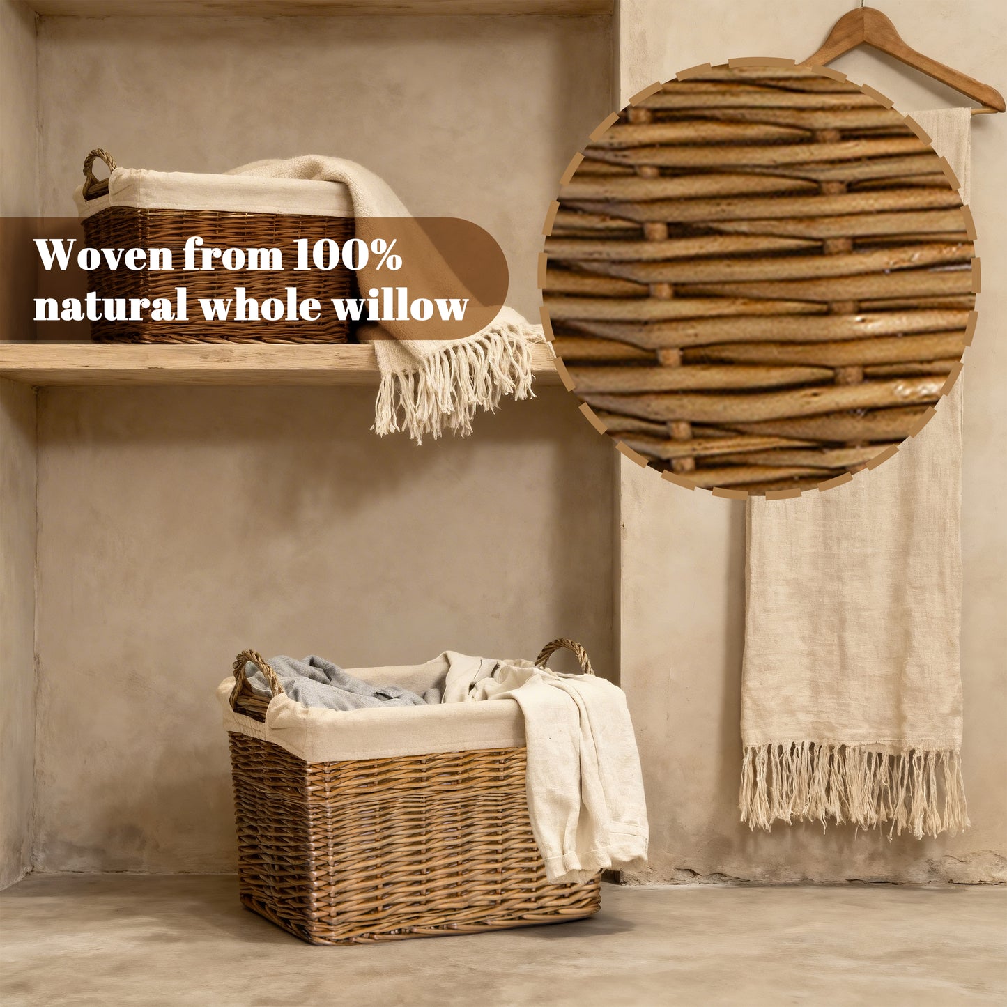 Double Steamed Rectangular Wicker Storage Basket with Lining - 3 Sizes