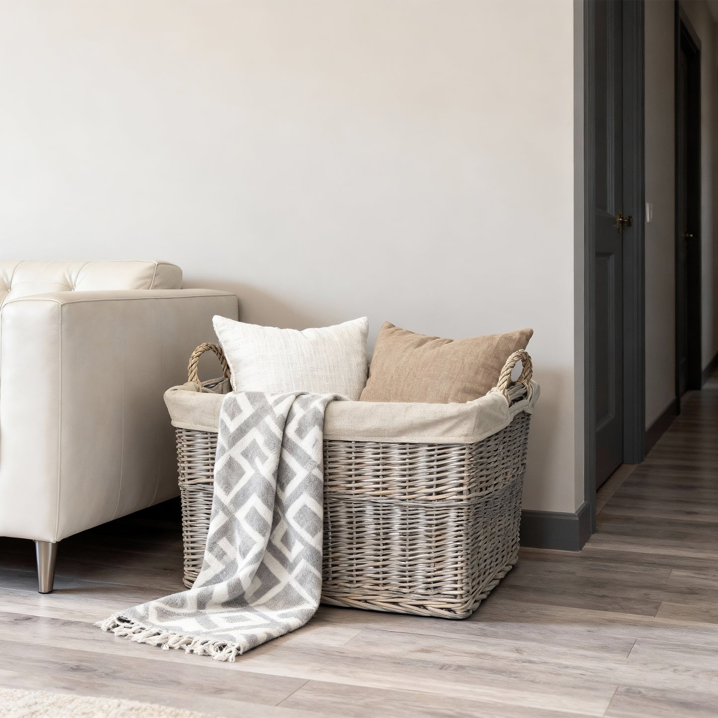 Grey Wash Rectangular Wicker Storage Basket with Lining - 3 Sizes