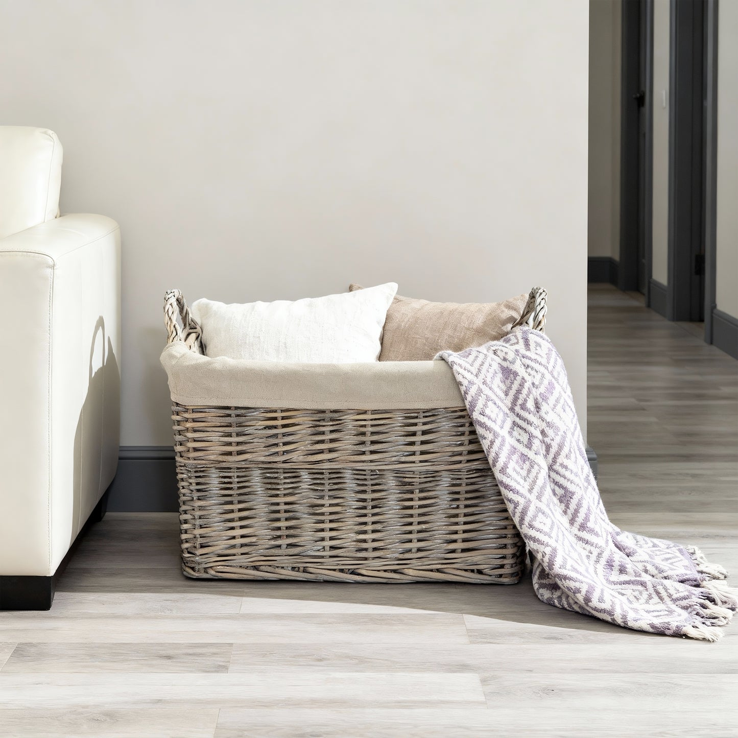 Grey Wash Rectangular Wicker Storage Basket with Lining - 3 Sizes