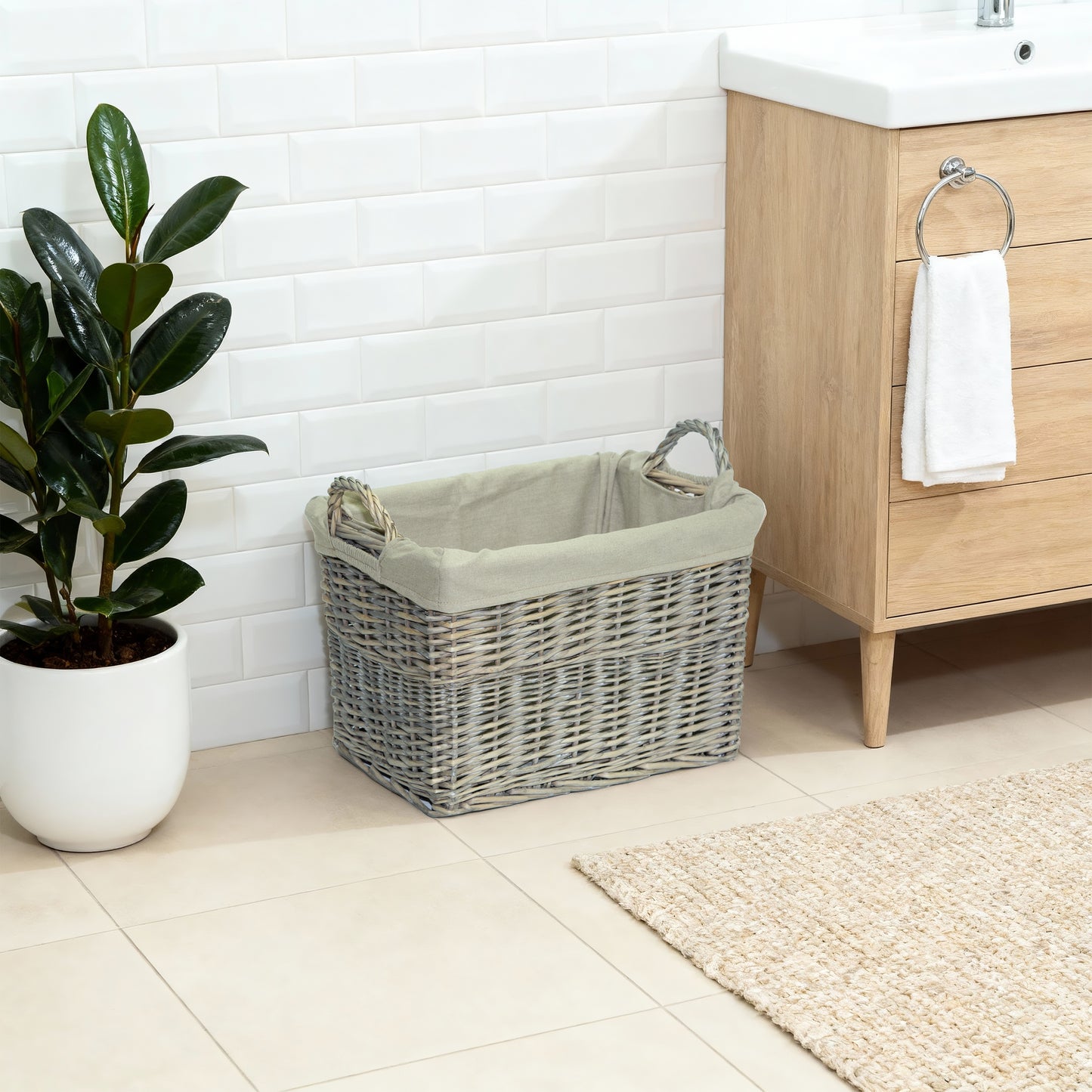 Grey Wash Rectangular Wicker Storage Basket with Lining - 3 Sizes