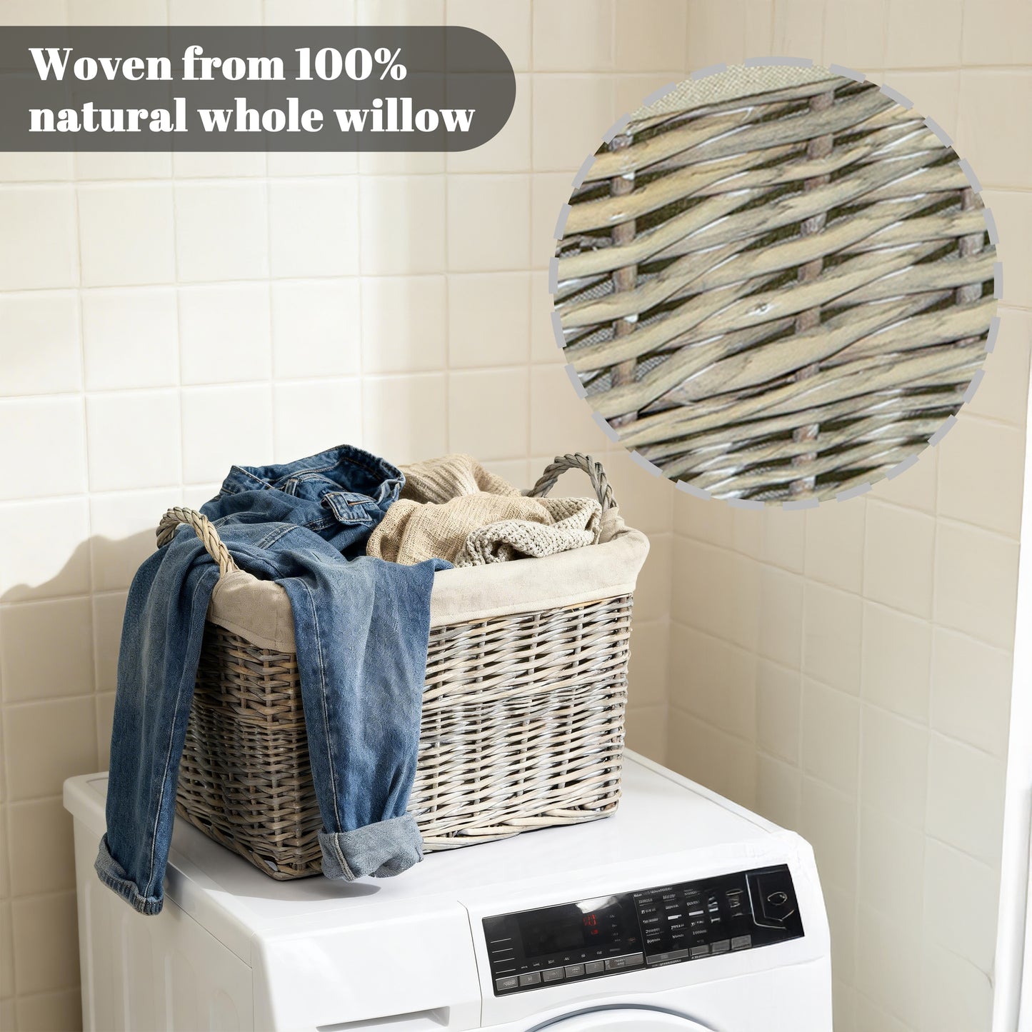 Grey Wash Rectangular Wicker Storage Basket with Lining - 3 Sizes