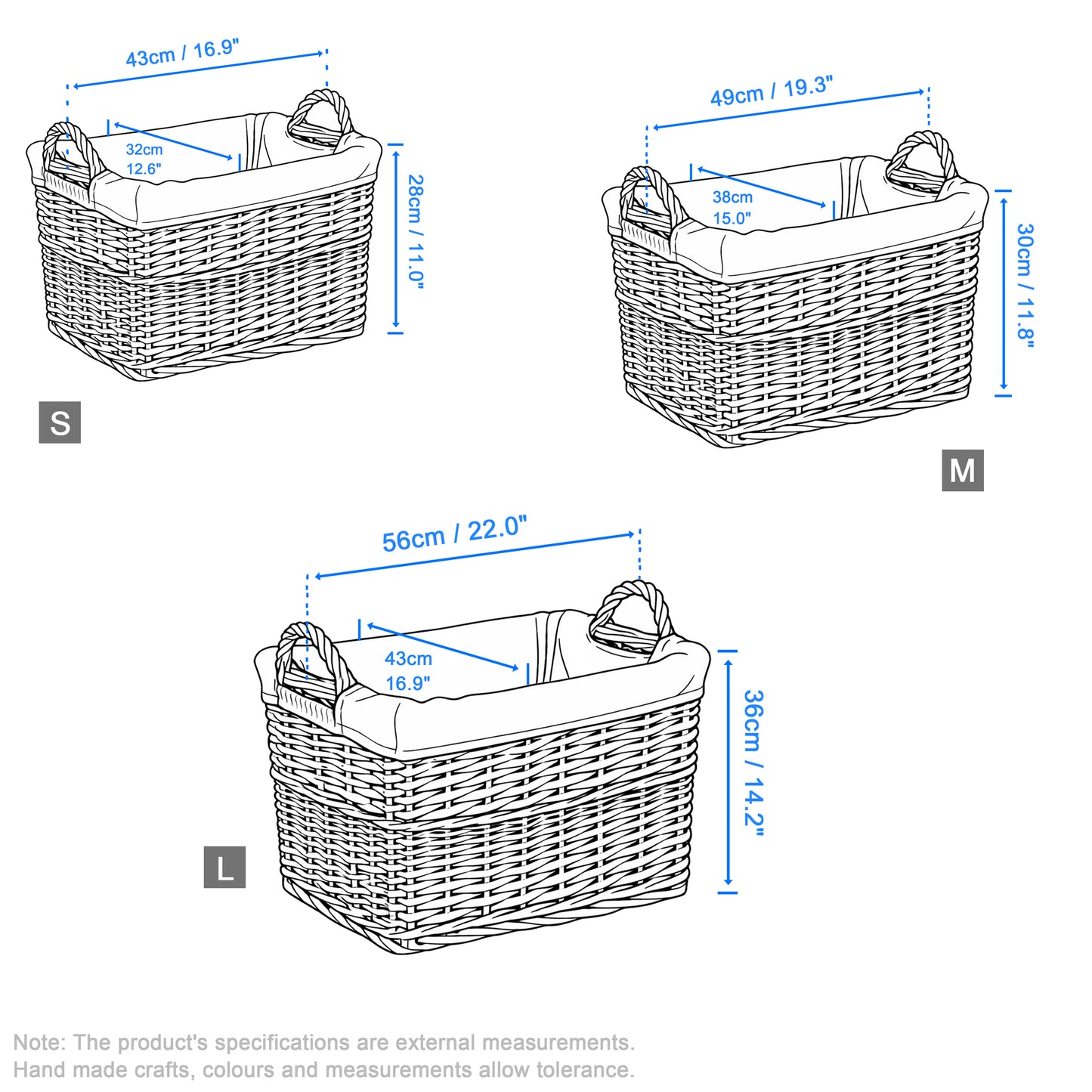 Grey Rectangular Wicker Storage Basket with Lining - 3 Sizes