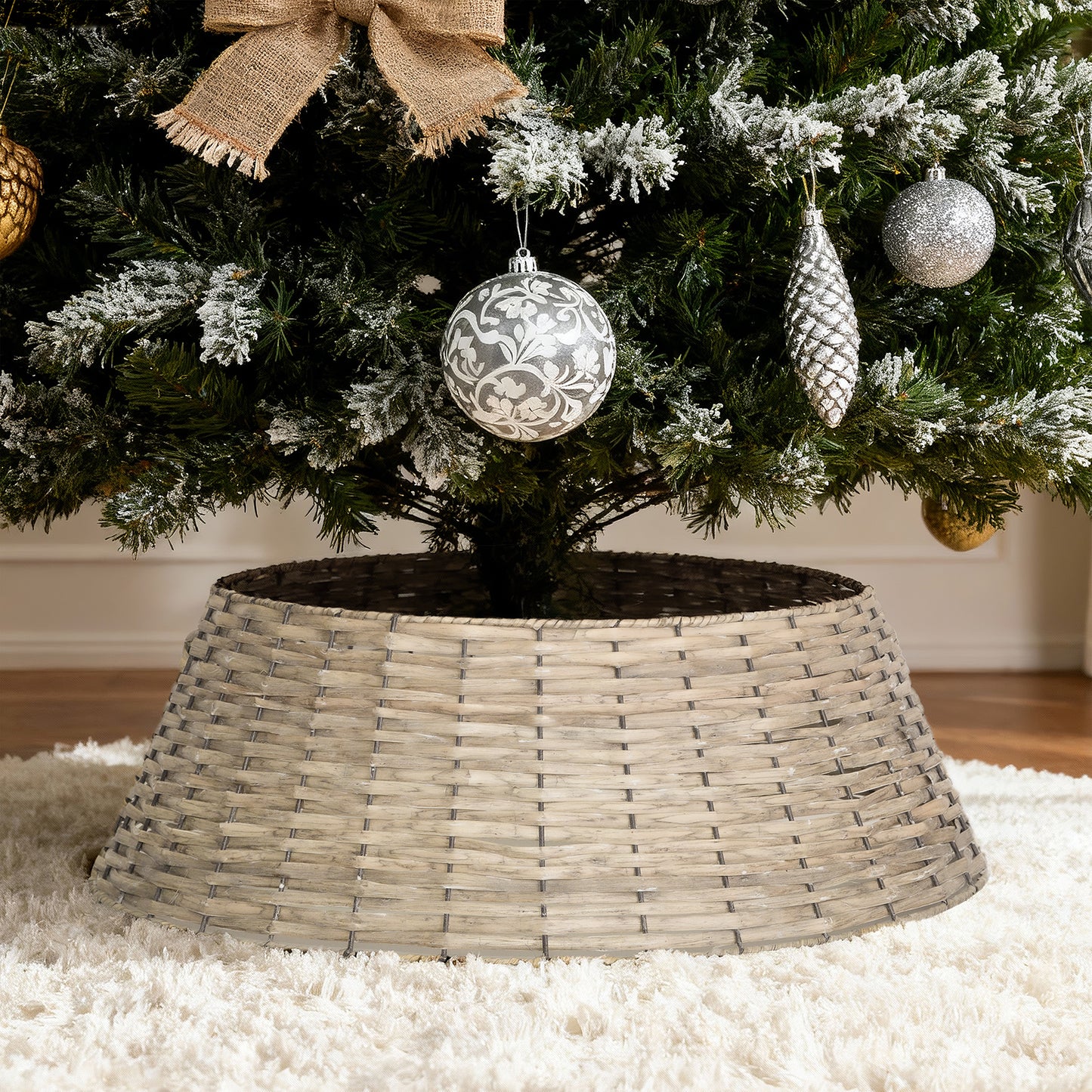 2-Panel Natural Wash Detachable Wicker Christmas Tree Skirt