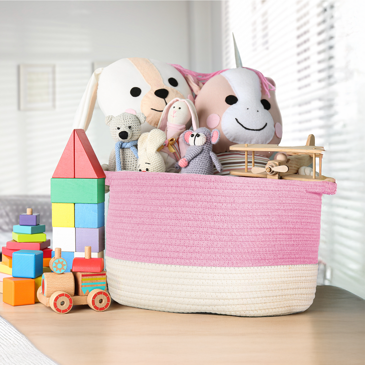 Two-Tone Round Cotton Storage Basket with Handle - Grey / Pink / Beige