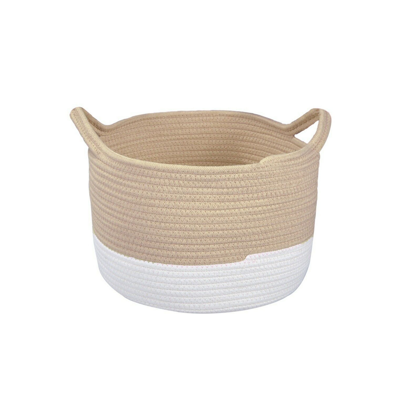 Two-Tone Round Cotton Storage Basket with Handle - Grey / Pink / Beige