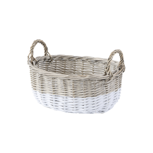 Two-Tone Oval Wicker Storage Basket with Handle