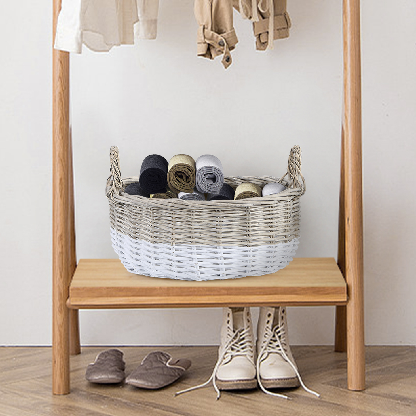 Two-Tone Oval Wicker Storage Basket with Handle