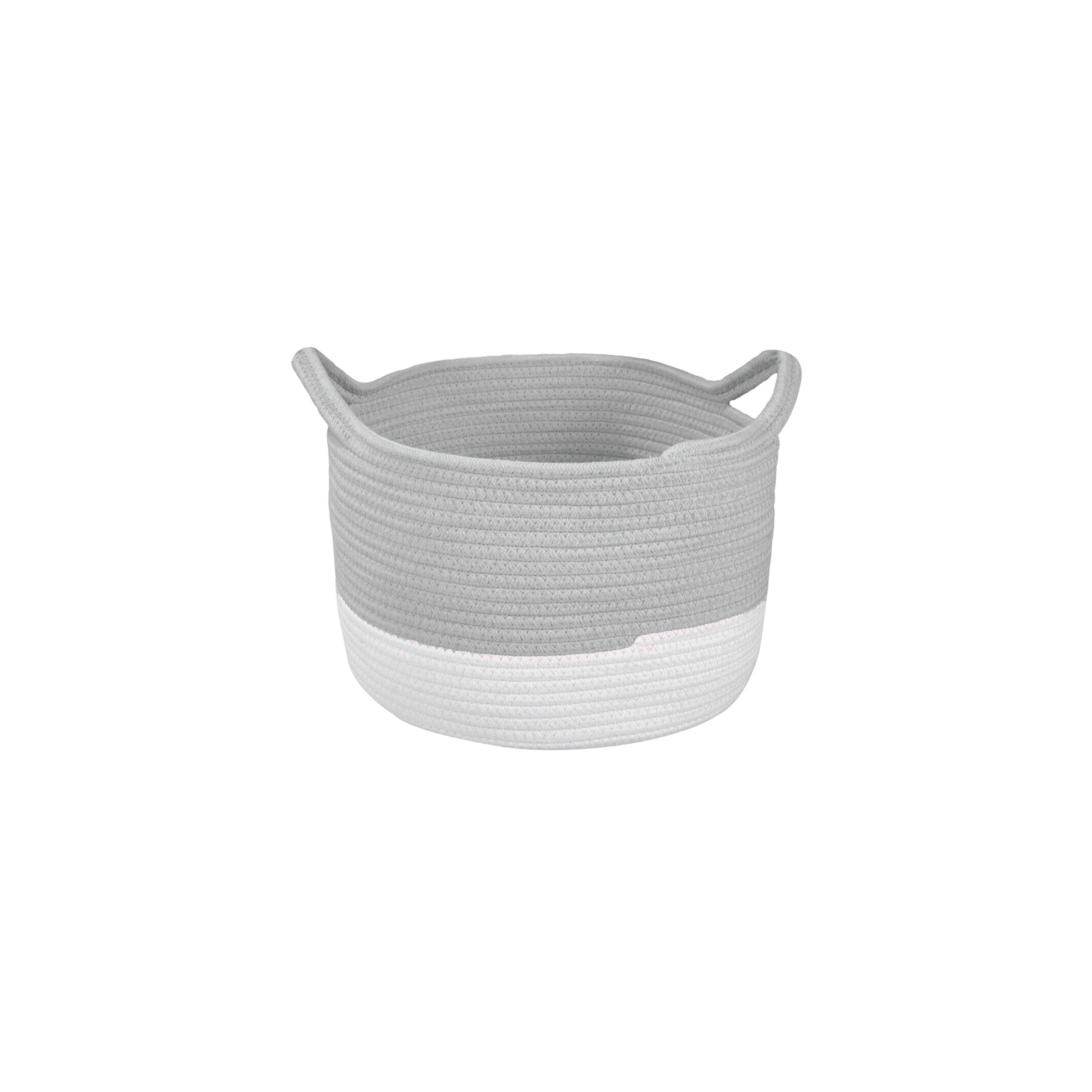 Two-Tone Round Cotton Storage Basket with Handle - Grey / Pink / Beige