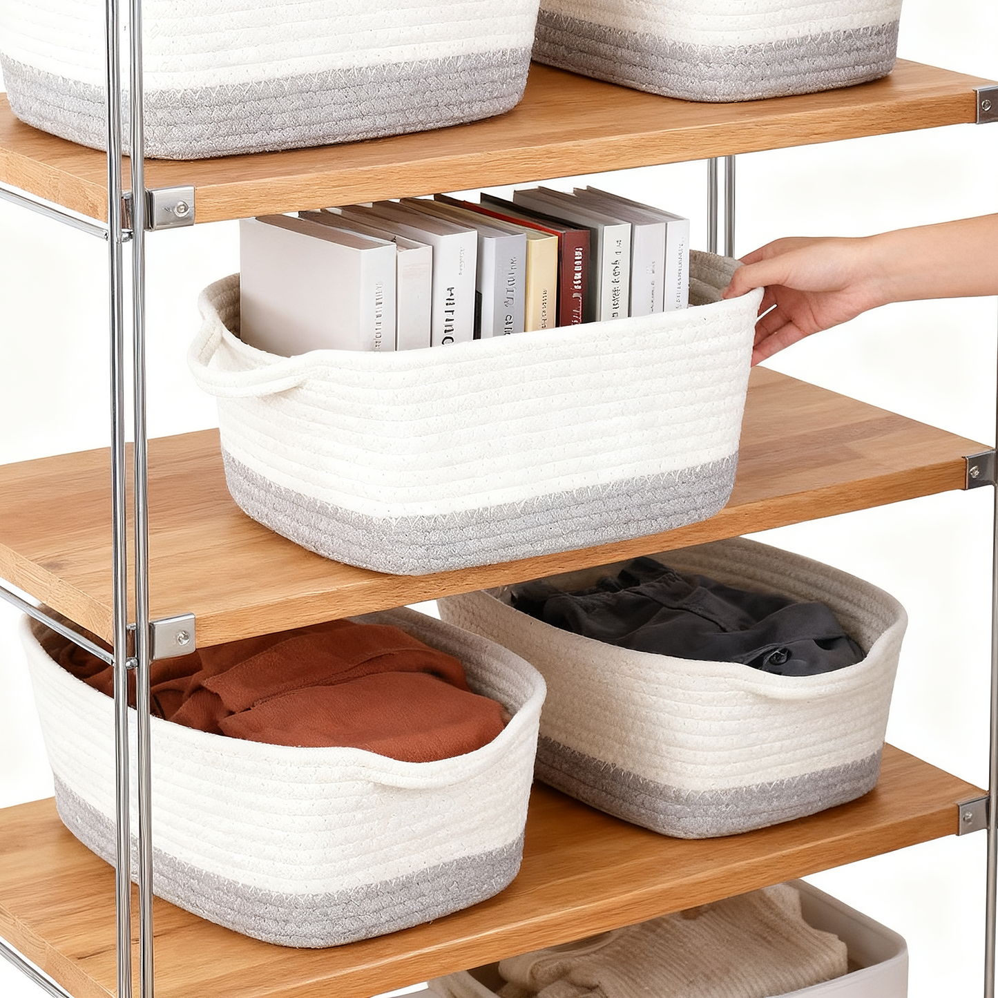 Two-Tone White Cotton Rope Storage Basket with Handle - Set of 3