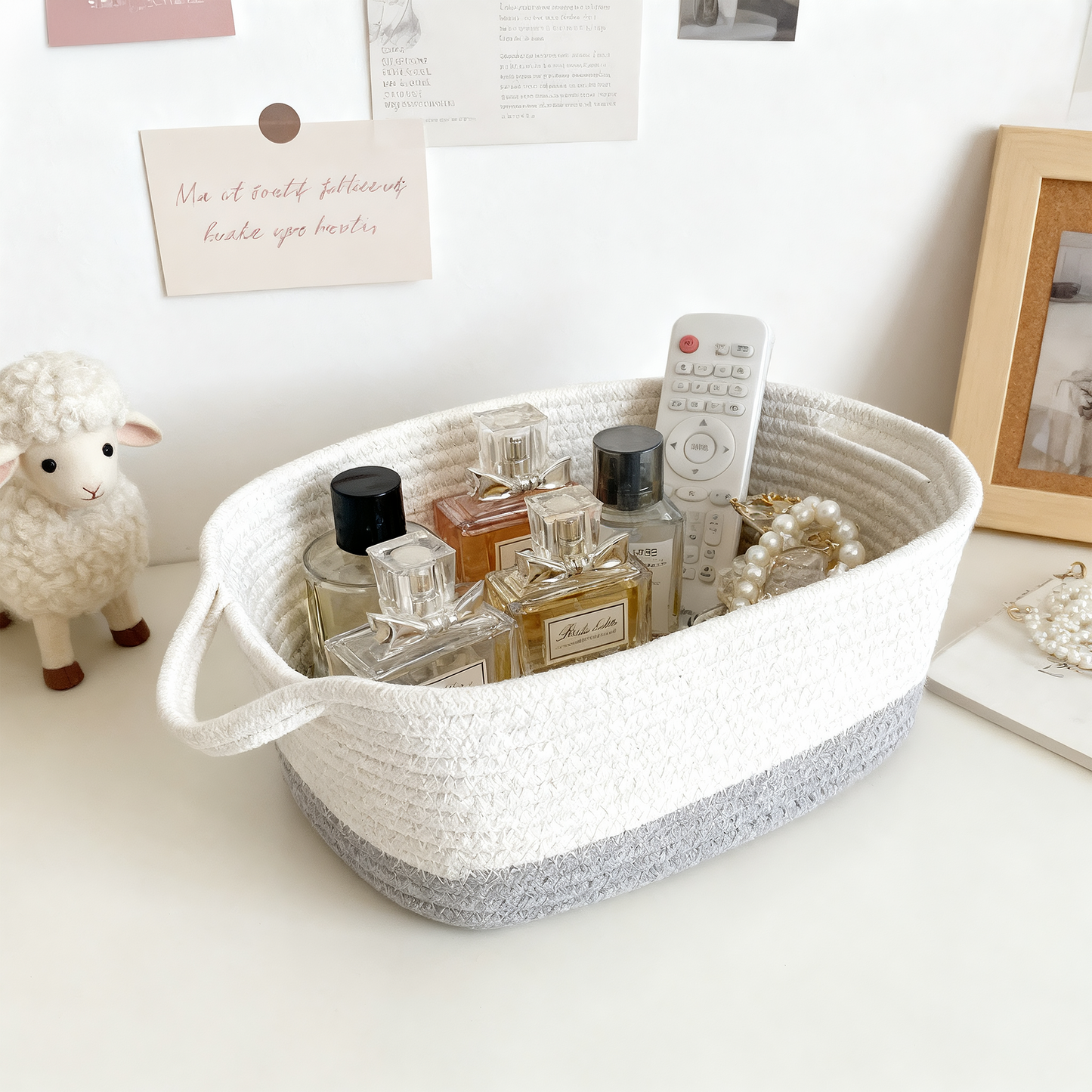 Two-Tone White Cotton Rope Storage Basket with Handle - Set of 3