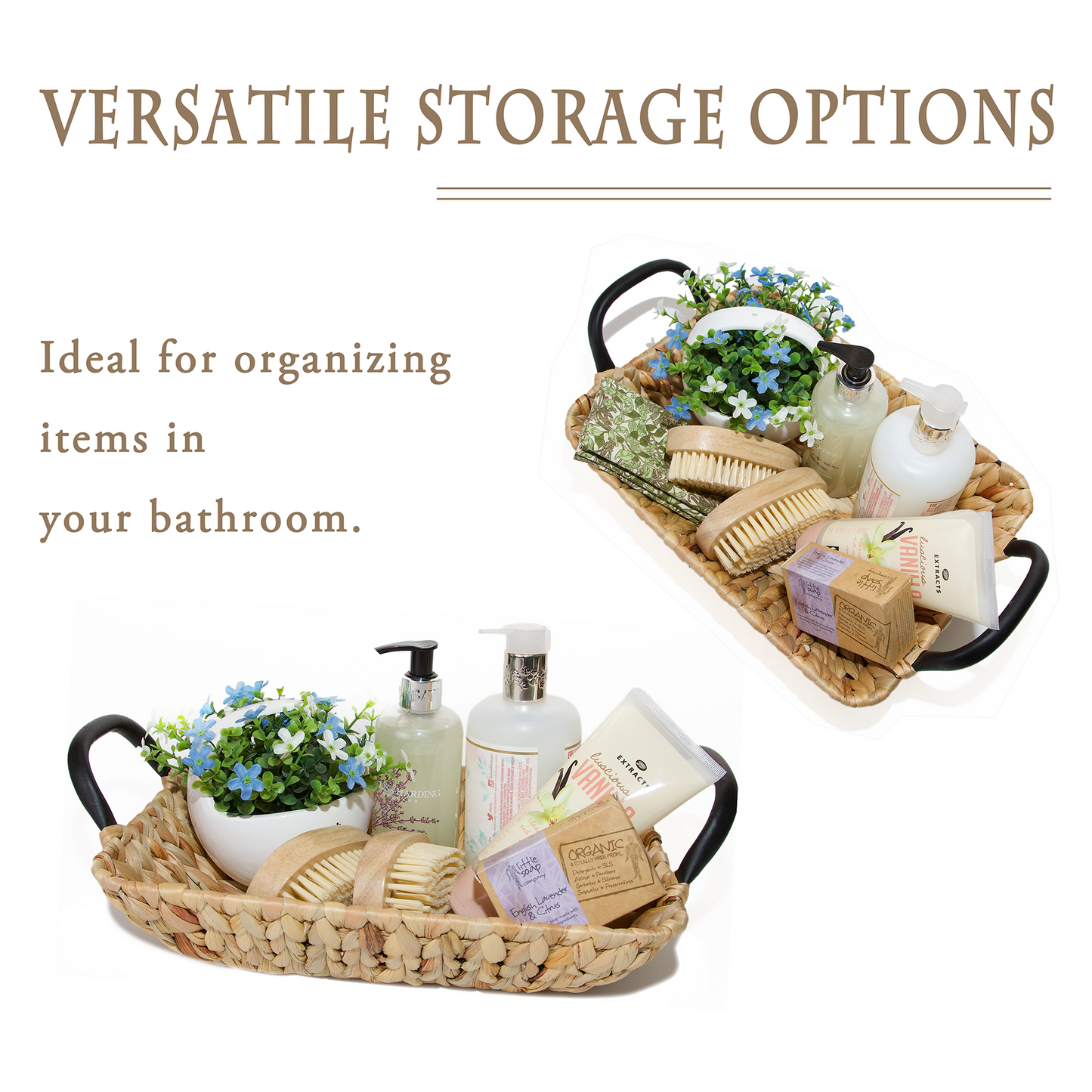 Water Hyacinth Rectangular Basket Tray with Black Handle - 3 Sizes